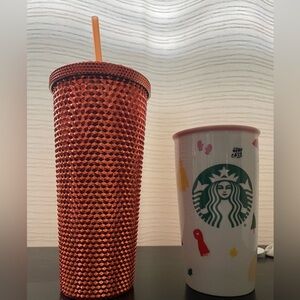 Starbucks sweater weather ceramic mug and a sparkly orange tumbler both new